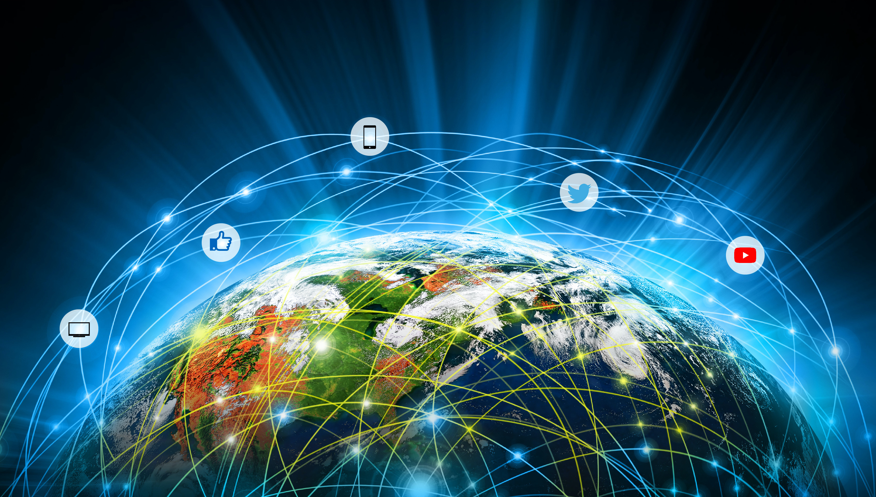 Graphic of Earth with social networking pathways superimposed over it.