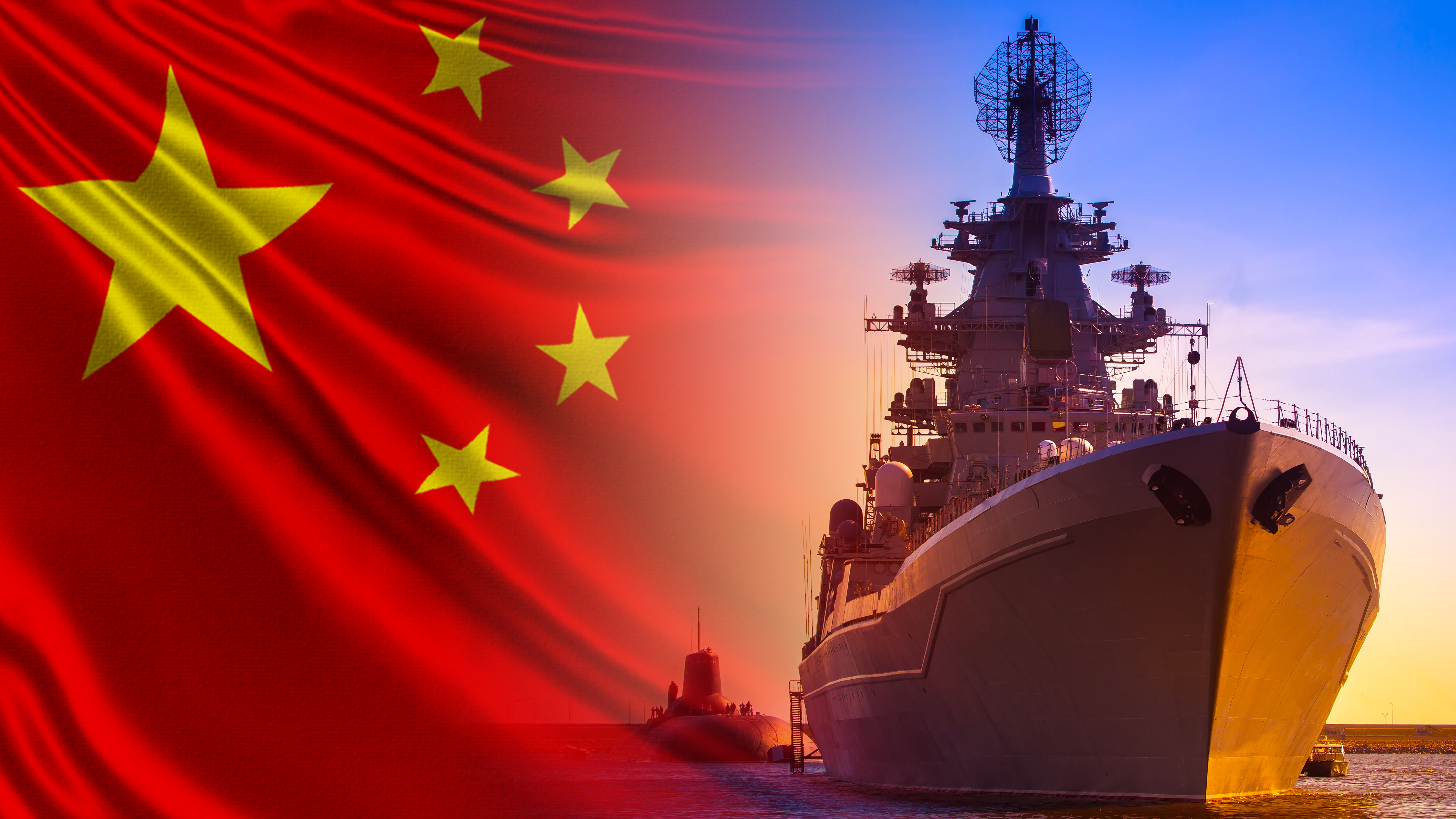 Graphic of Chinese flag and naval vessels