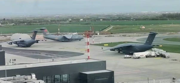 Three of six Y-20s at Nikola Tesla International Airport in Belgrade, Serbia, on April 9.