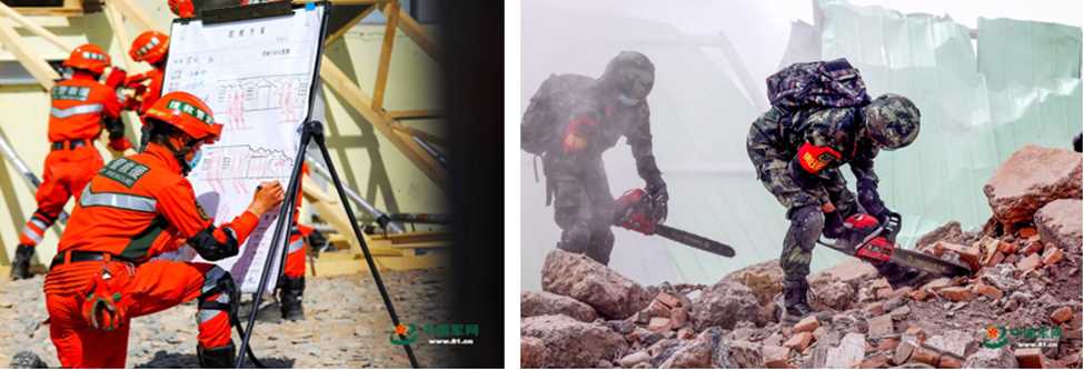 Left: PAP Gansu Corps rescue element commander designs a rescue plan. Right: &ldquo;Troops from the PAP Gansu Zongdui Zhangye Detachment troops chainsaw through rubble.&rdquo; 