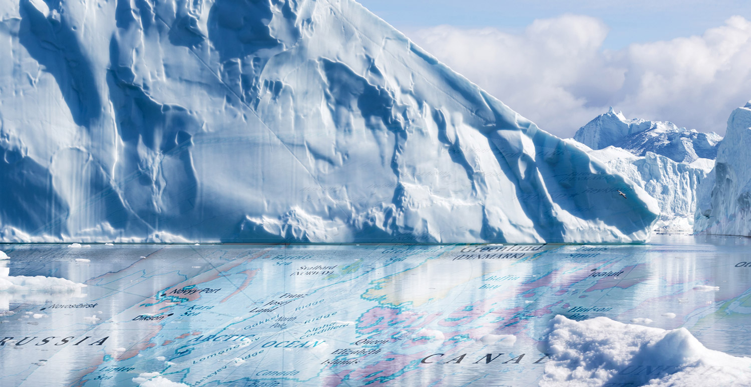 map of the arctic screened in water beside large glacier