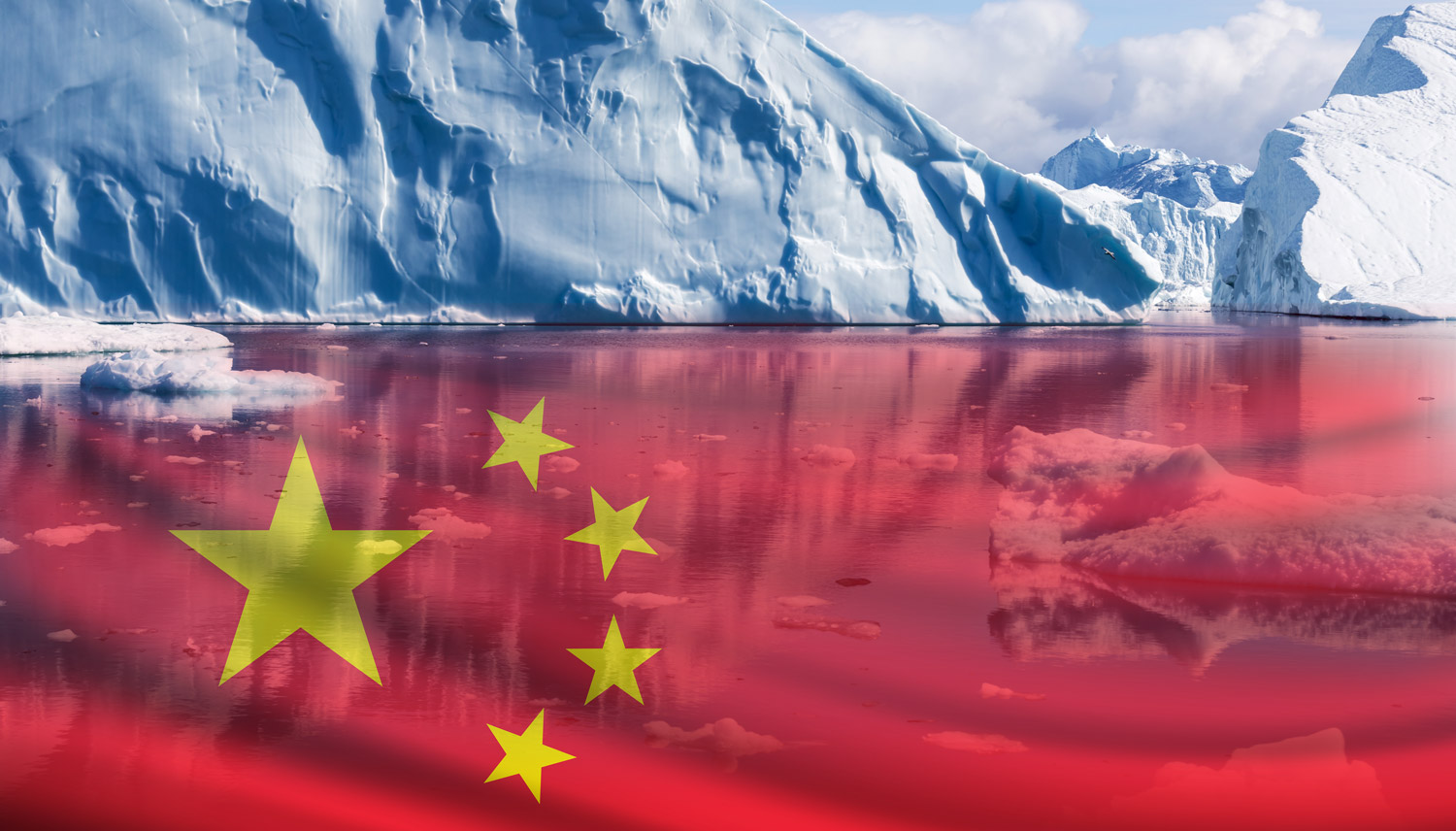flag of china screen into water beside large glacier