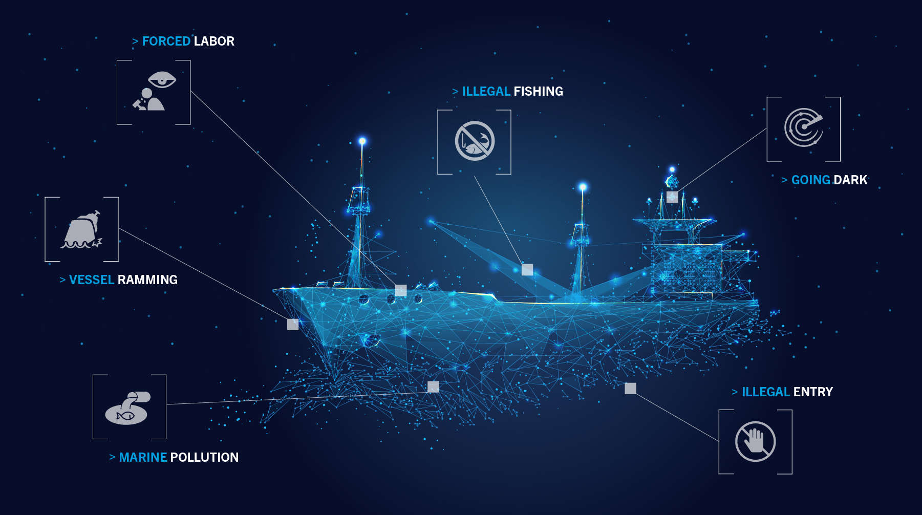 line art fishing vessel with illegal fishing icons 