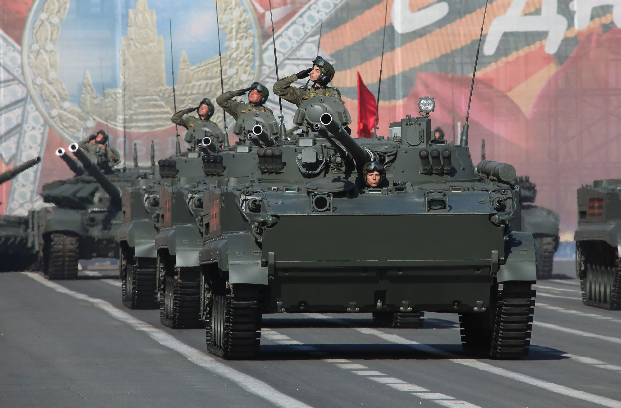 The Russian tanks on parade outside of the Kremlin