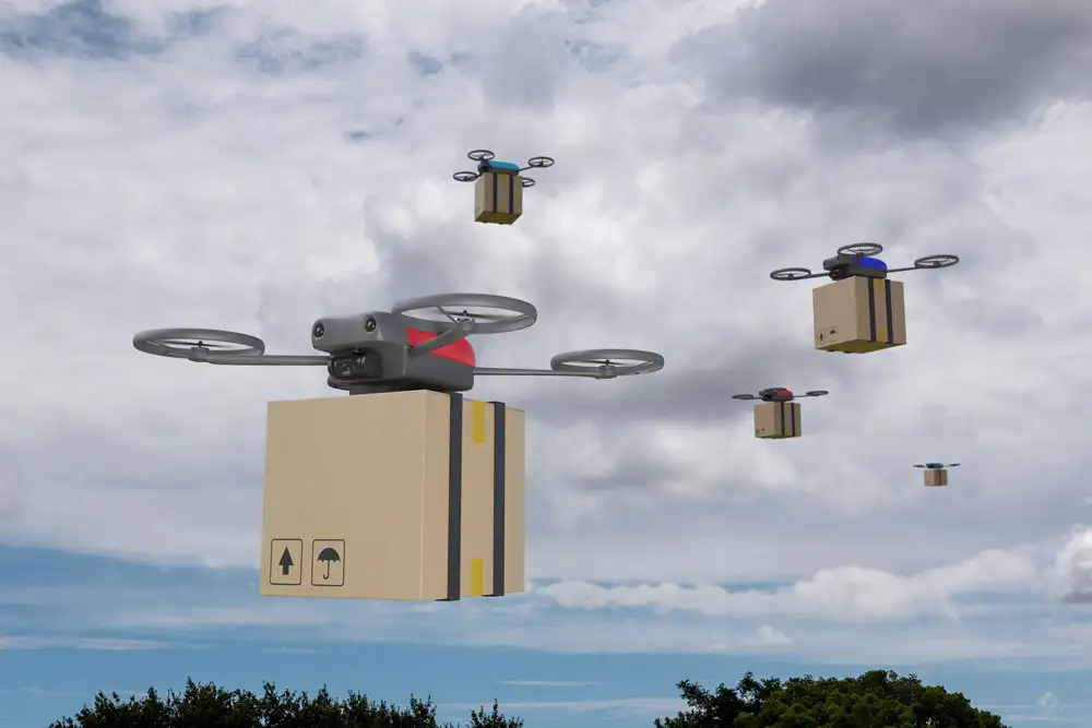 Illustration of sky filled with drones delivering packages