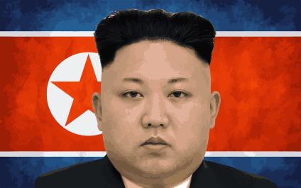 Kim Jong Un in front of North Korean flag