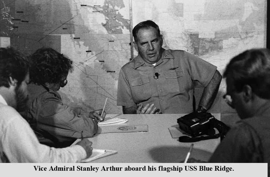 Vice Admiral Stanley Arthur aboard his flagship USS Blue Ridge