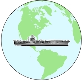 A map of the globe with an aircraft carrier over it