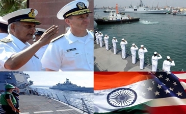 A collage of naval officers, naval vessels, and a US and Indian flag