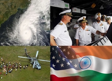 A collage of a monsoon, naval officers, a helicopter, and a U.S. and Indian flag