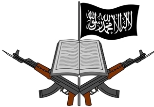 Two AK-47s under a book and ISIS flag