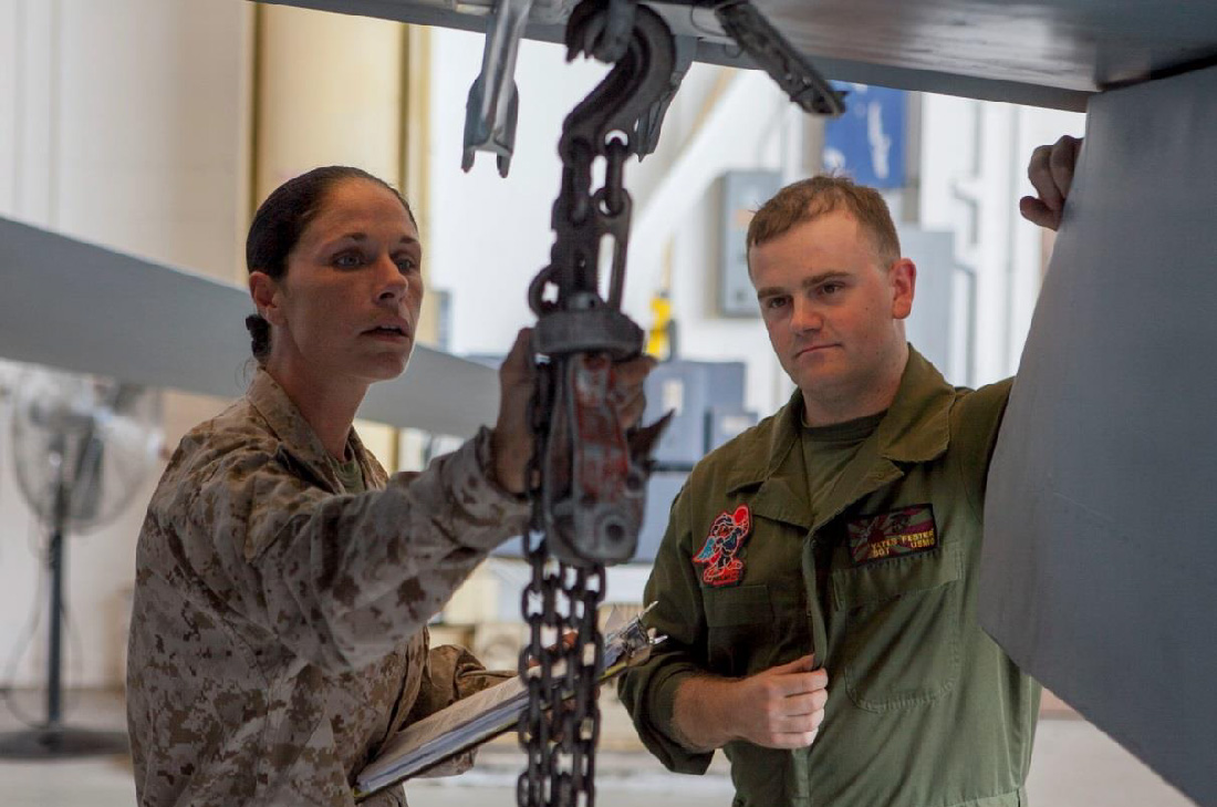 Inspection of chain lift on a wing of an F/18 Hornet