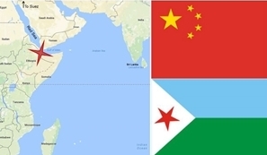 A map of Djibouti, a Chinese flag, and a Djibouti flag