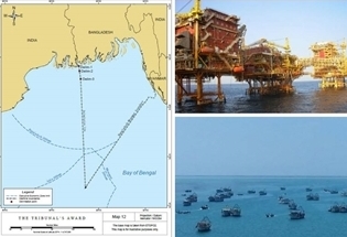 A map of the Bay of Bengal, an oil platform, and fishing trawlers