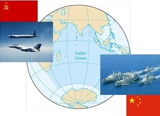 Left photo depicts an F-14A VF-213 intercepting a Soviet Il-38 in 1981. Right photo depicts PLAN ships at sea. 