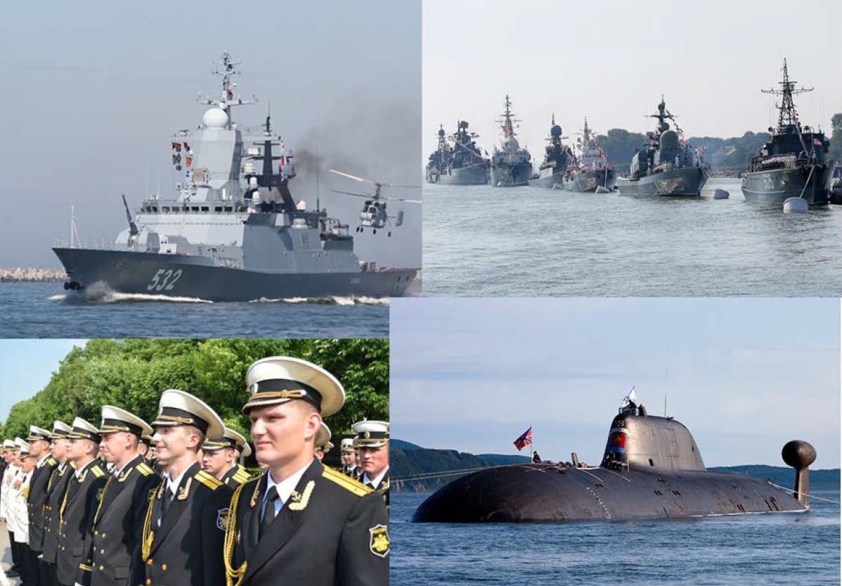 A collage of naval items. Ships, soldiers, and a submarine.