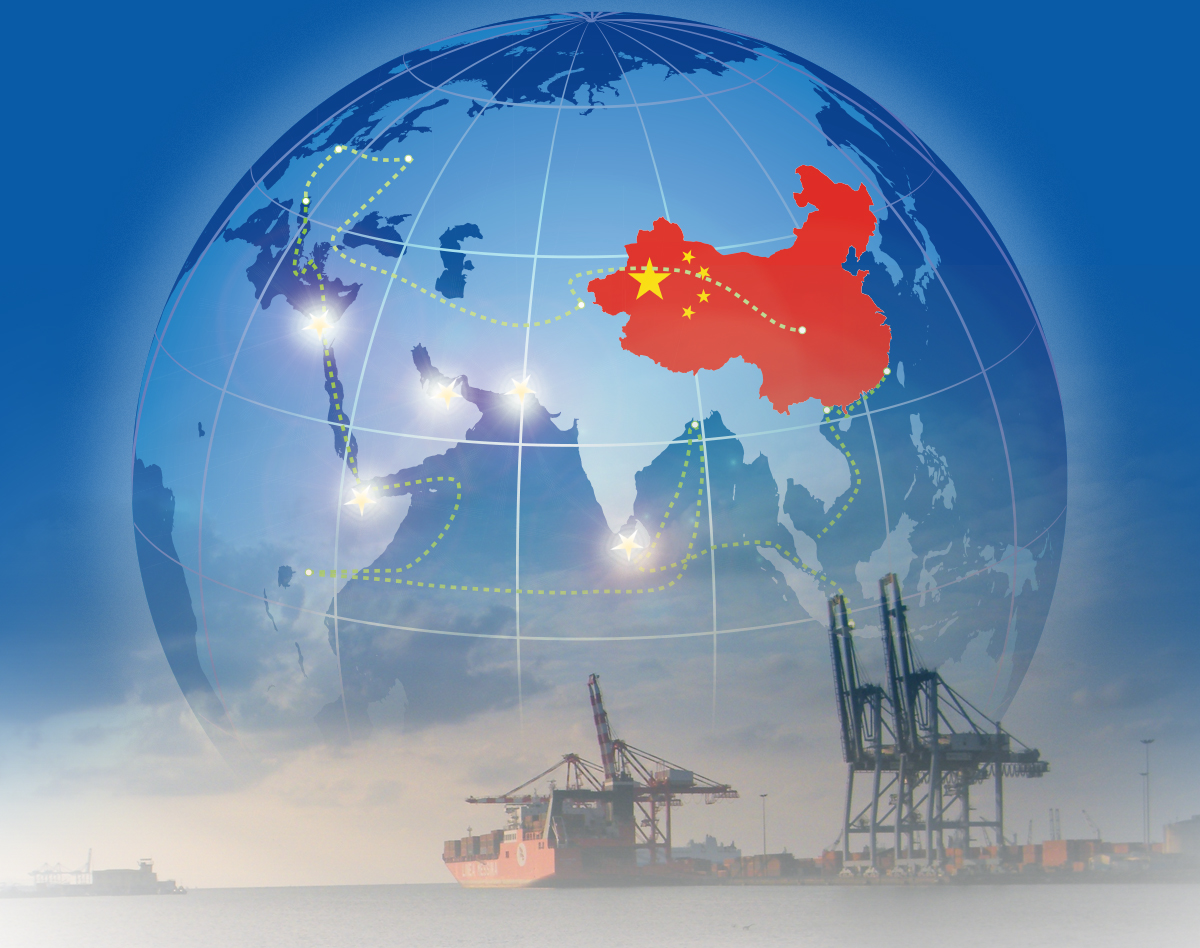 globe with india centered, china is colored red, the belt and road path is highlighted and naval ships screened into the background