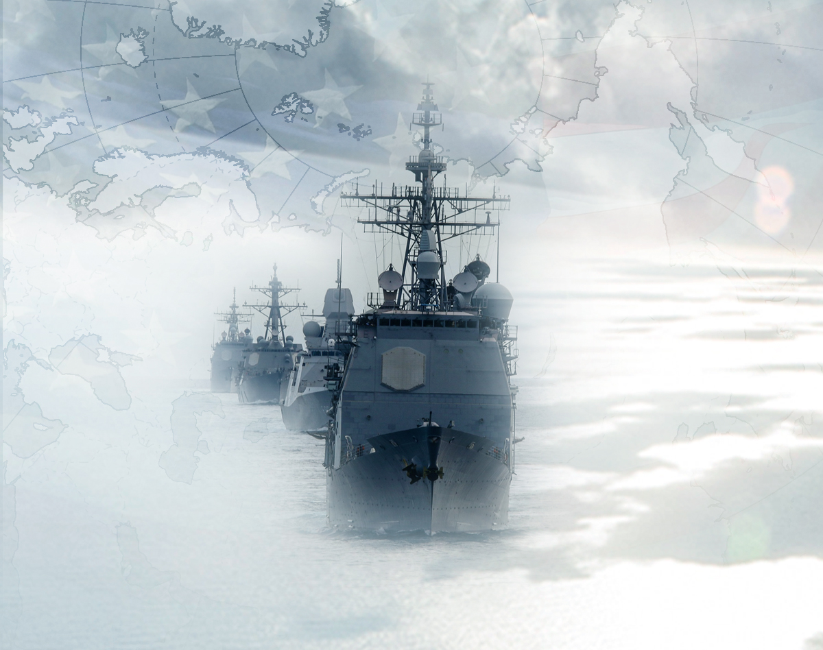 Naval convoy in cloudy background with map screened behind