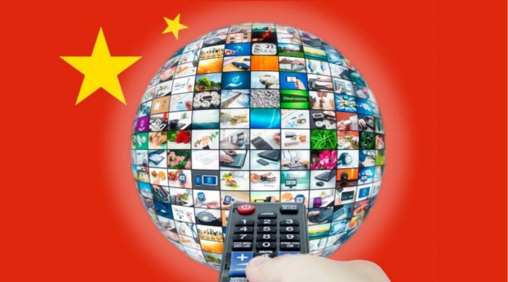 Globe collage of China media outlets with China flag background and remote in foreground
