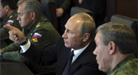 : Mikhail Klimentyev, “Russian President Vladimir Putin (C), Defence Minister Sergei Shoigu (L) and Chief of the General Staff of Russian Armed Forces Valery Gerasimov watch the Zapad-2017 war games, held by Russian and Belarussian servicemen, at a military training ground in the Leningrad region, Russia September 18, 2017,” Sputnik/Reuters, September 18, 2017, https://pictures.reuters.com/archive/RUSSIA-NATOWARGAMES-PUTIN-UP1ED9I10MXXP.html