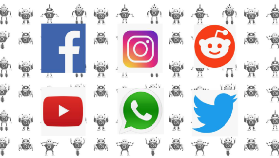 Six social media website logos overlaid on top of cartoon robots