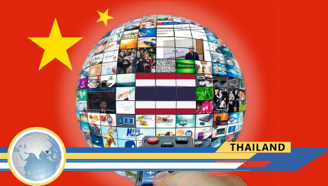 A globe of media in the Chinese flag with the Thailand flag in the center of it