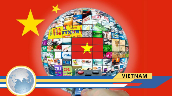 A globe of media in the Chinese flag with the Vietnamese flag in the center of it
