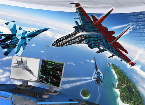 A jet flying over the ocean with a computer in the corner. The jet has binary code on it
