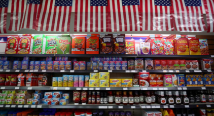 : Imported American groceries are seen on display for sale at the American Food Store in London, England