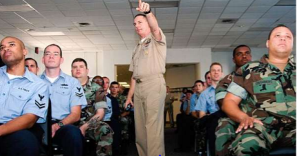 Command Master Chief Al Holland assigned to the Navy’s Center for Personal and Professional Development, Millington, Tenn., conducts First Line Leadership training for first and second class petty officers at Naval Air Station Key West. The training, which was part of the air stations daylong Career Management Symposium, covered a variety of topics related to the fleets effort to develop 21st century leaders, including pay and compensation, force shaping and retirement.