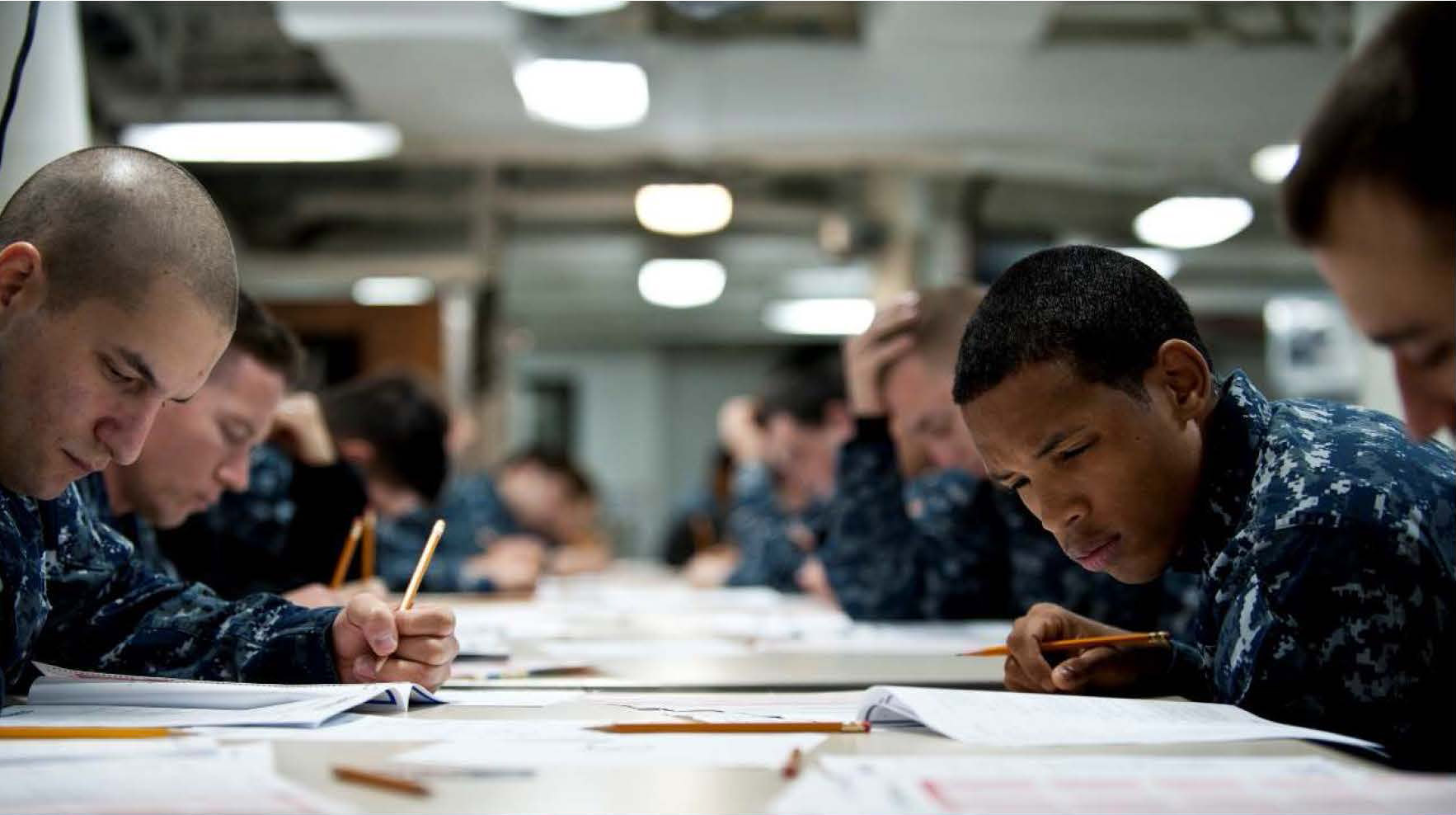 Soldiers studying for an exam