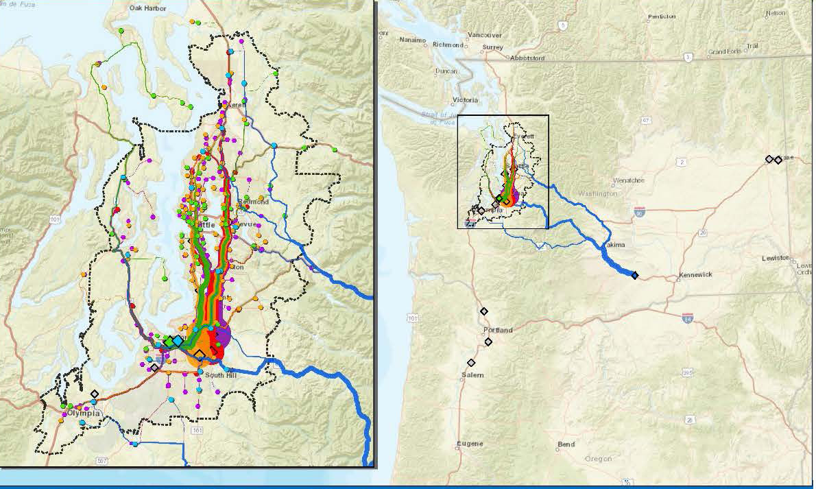 Map of truck flows from distribution centers to retail stores for the top five grocery brands in the Puget Sound Region.