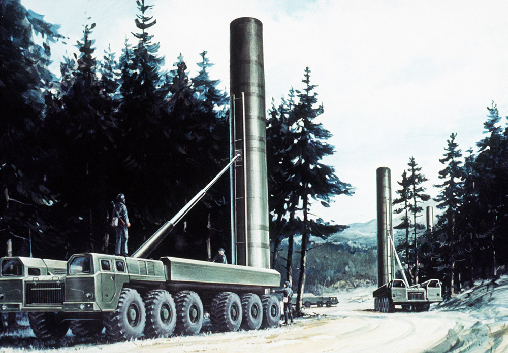 Artist’s concept of Soviet SS-20 mobile intermediate-range ballistic missile systems in launch position from Defense Intelligence Agency Soviet Military Power 1985. SS-20s as well as US Pershing II and Ground Launched Cruise Missiles were eliminated under the terms of the 1987 Intermediate-range Nuclear Forces Treaty.