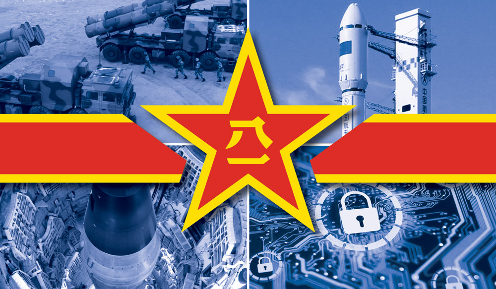 China's Red Star banner over 4 technology images