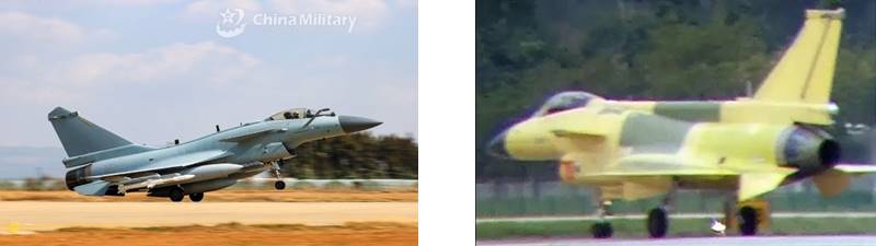 J-10 fighter aircraft on left; new J-10 variant with dorsal spine on the right