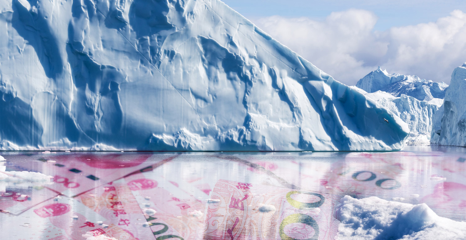 chinese yen screened in water beside large glacier