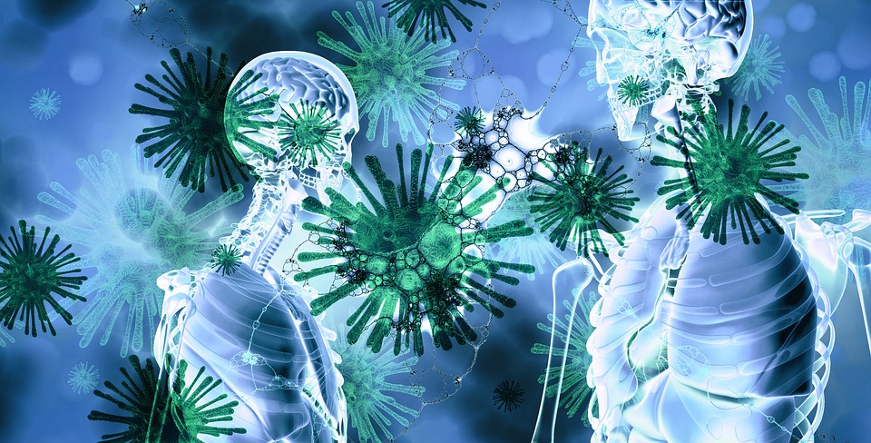 Stylized coronaviruses superimposed over skeletons