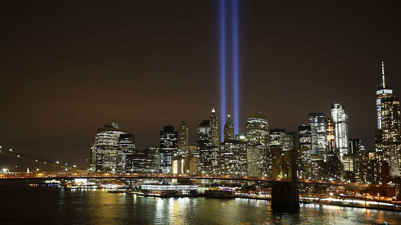 Southern Manhattan at night with the memorial lights for the twin towers